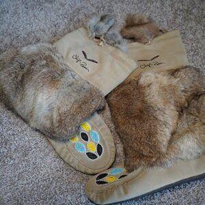 Chip & Pepper Rabbit Fur Mukluks - Beaded Suede Winter Boots Size 8/9